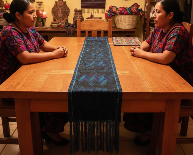Blue Green Huipile Table Runner Handwoven In Guatemala Sunburst Design