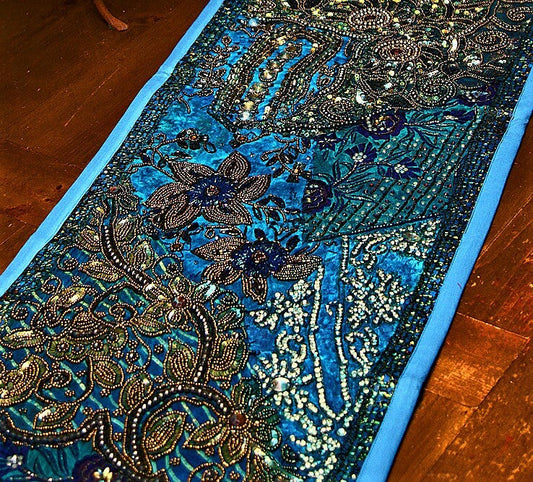 Handcrafted Blue Gujarat Table Runner with Exquisite Embroidery and Jewel Accents