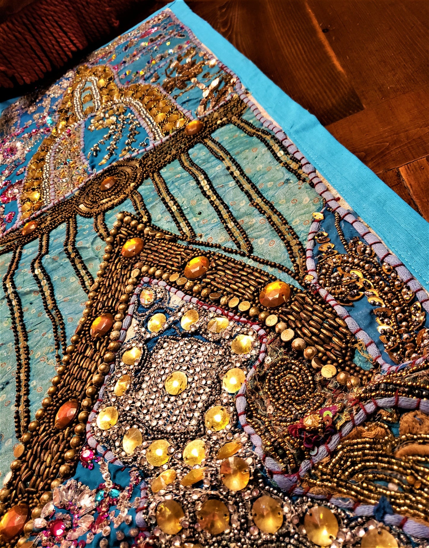 Handcrafted Blue Gujarat Table Runner with Exquisite Embroidery and Jewel Accents