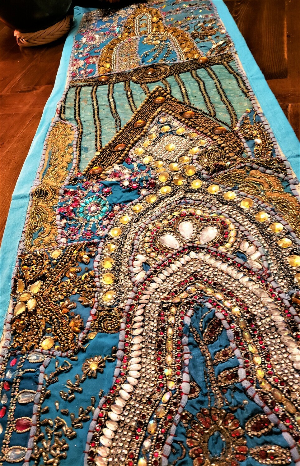 Handcrafted Blue Gujarat Table Runner with Exquisite Embroidery and Jewel Accents