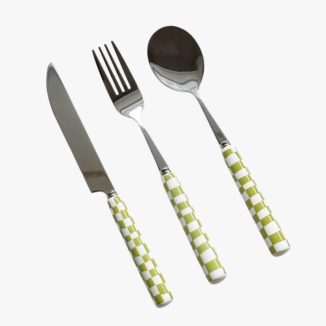 Checkered Flatware Set - Hand-Painted Stylish Dining Set