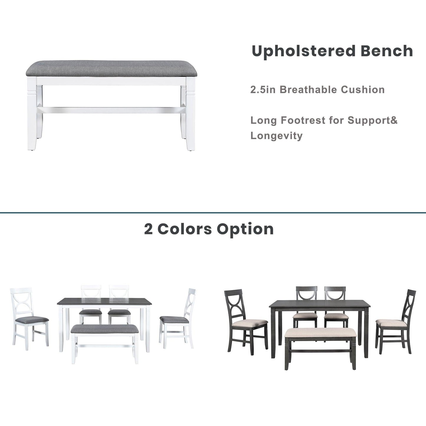 6-Piece Wood Dining Table Set with Bench and Chairs