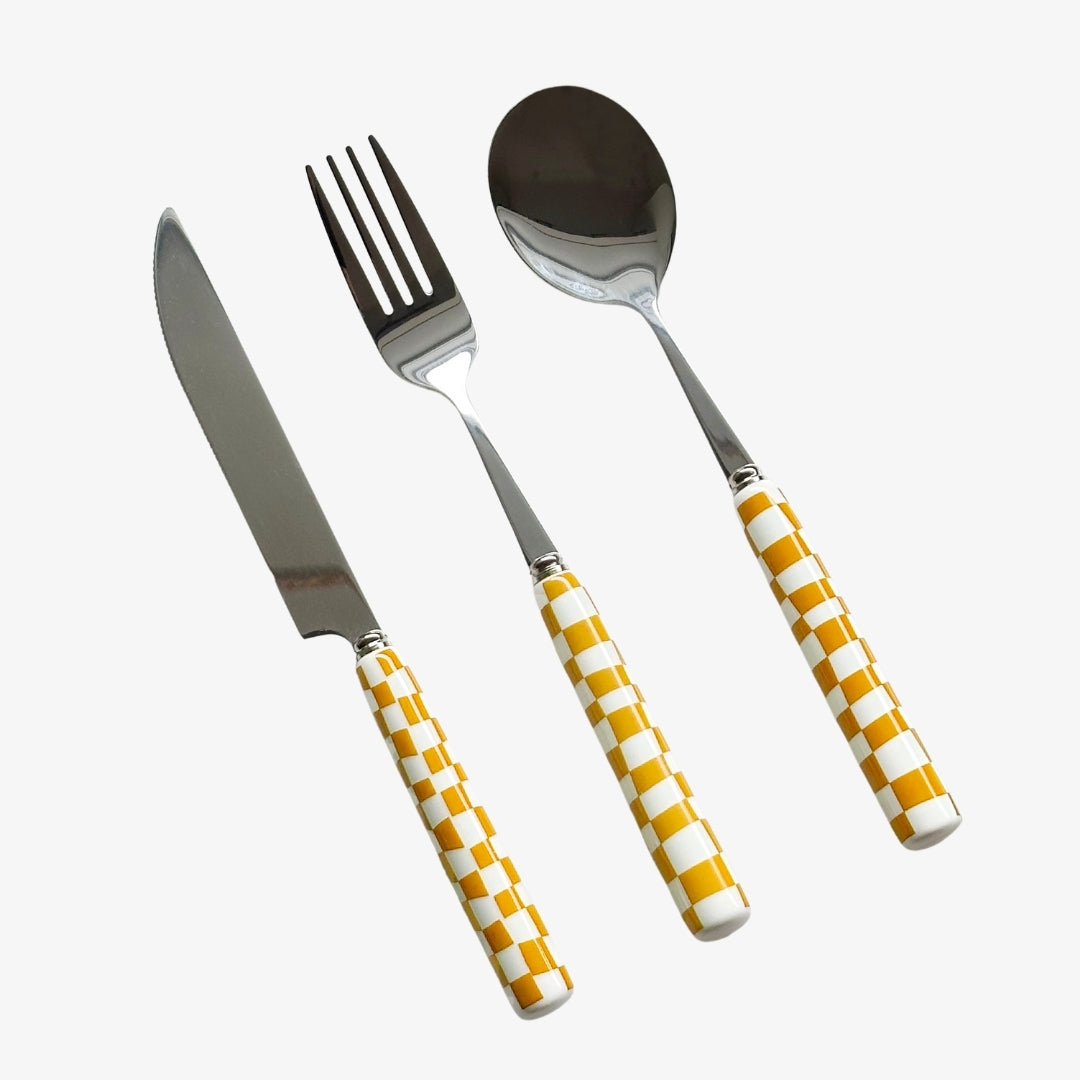 Checkered Flatware Set - Hand-Painted Stylish Dining Set