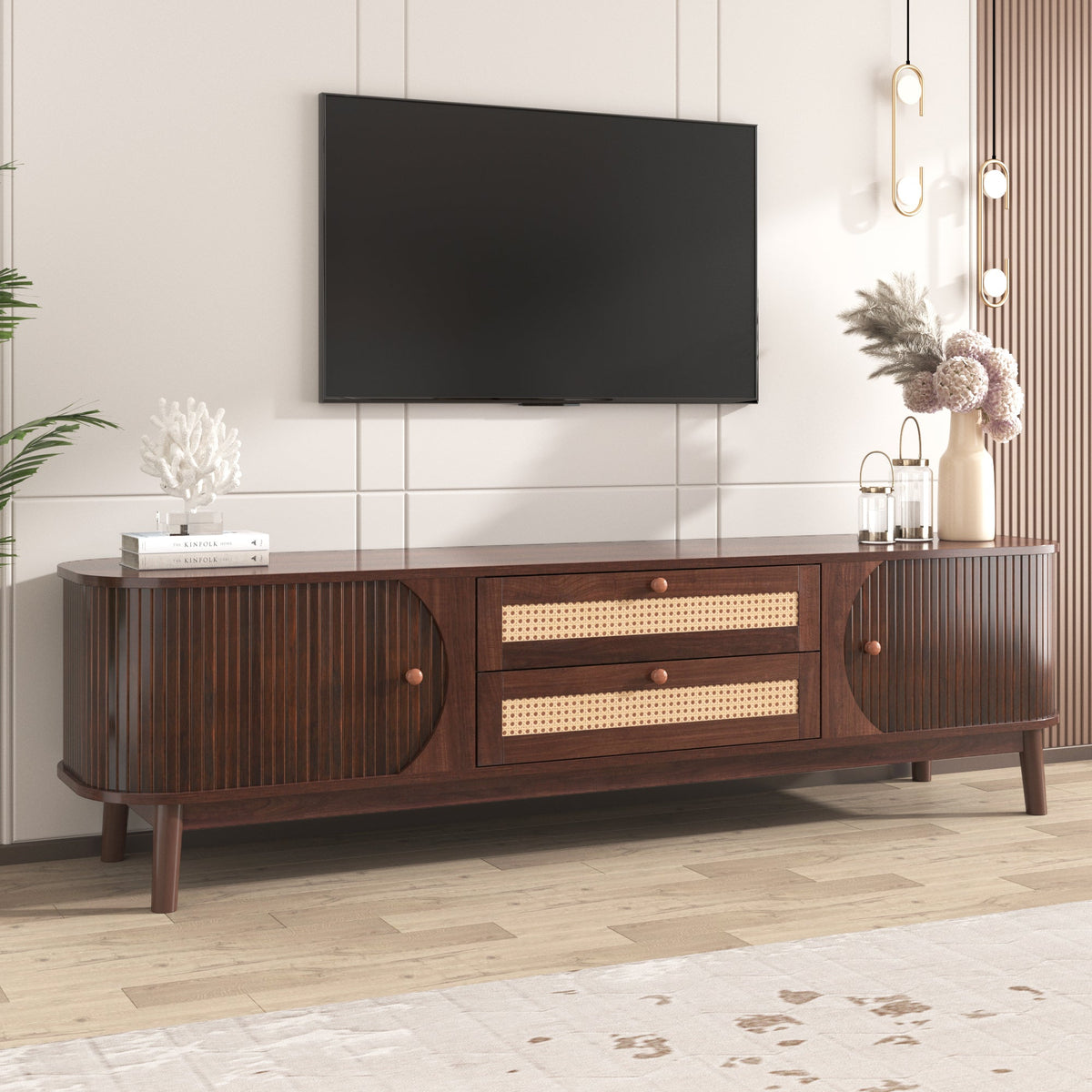 Modern farmhouse rattan TV stand with open shelving, fitting TVs 60-69 inches.