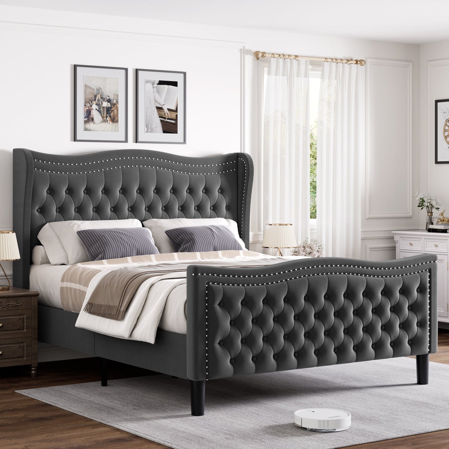 Lift Up Velvet Gray Full Size Bed for Stylish Bedrooms