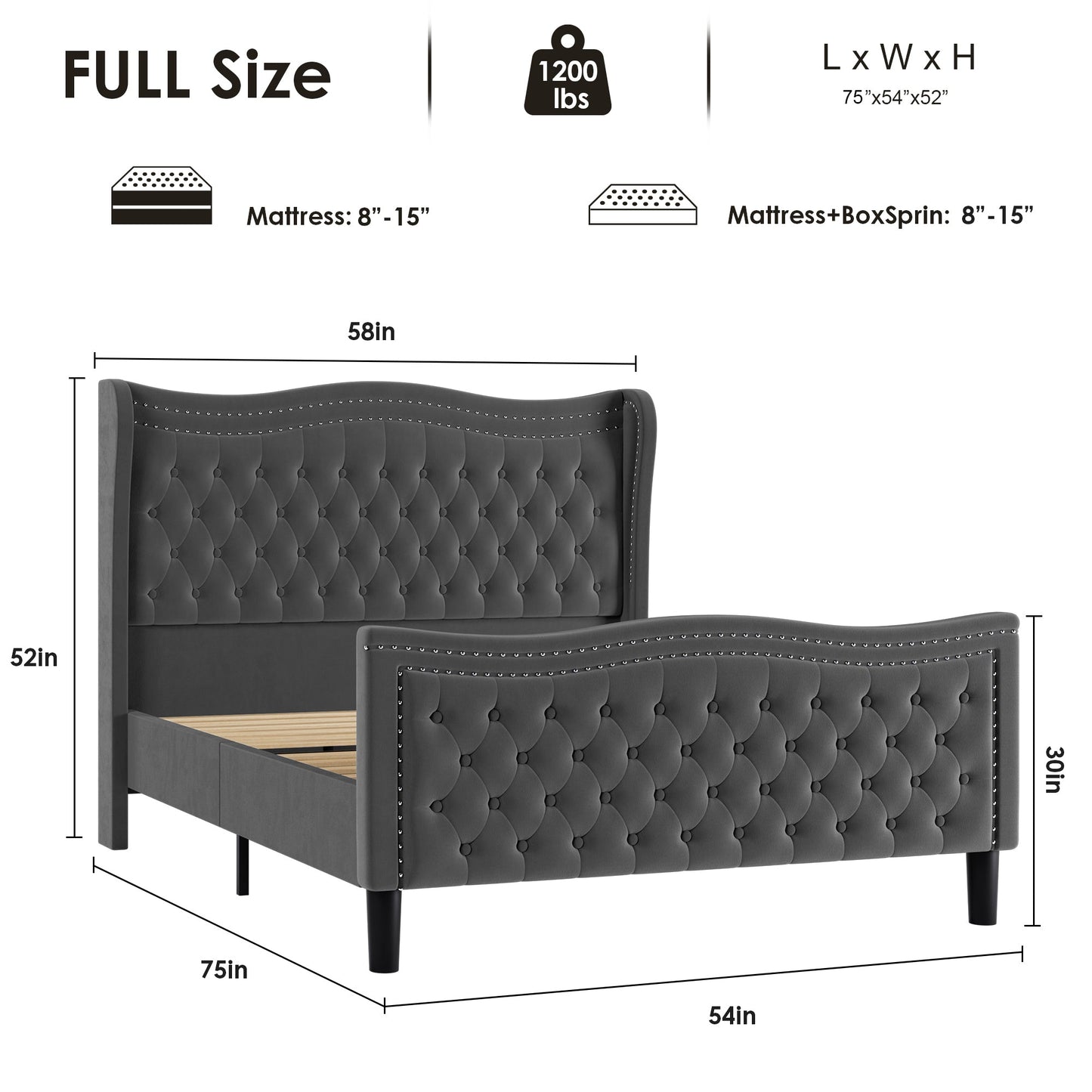 Lift Up Velvet Gray Full Size Bed for Stylish Bedrooms