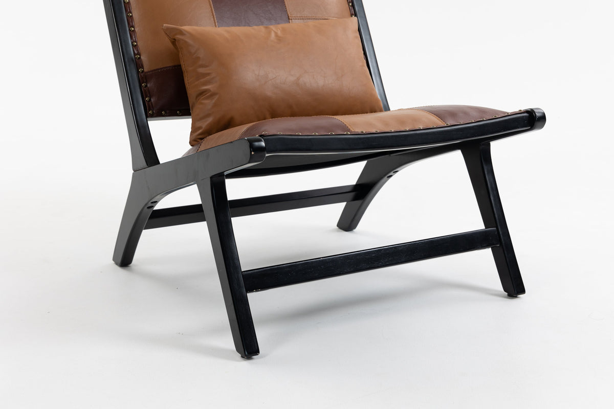 Brown PU leather armchair with modern Scandinavian boho style for living room.