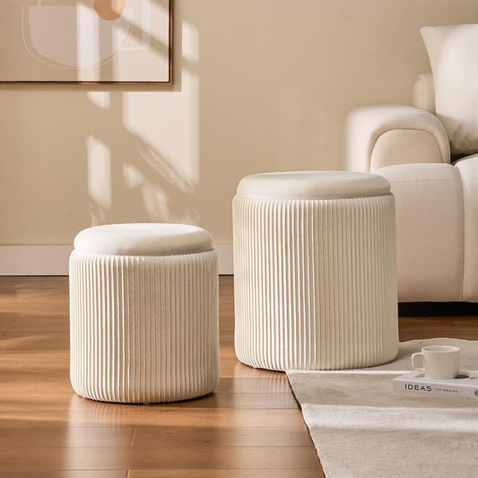 White Round Velvet Upholstered Storage Ottoman Set With Nested Sizes