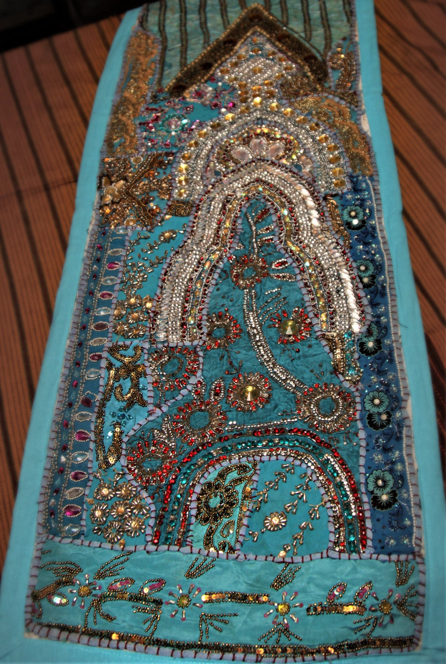 Handcrafted Blue Gujarat Table Runner with Exquisite Embroidery and Jewel Accents