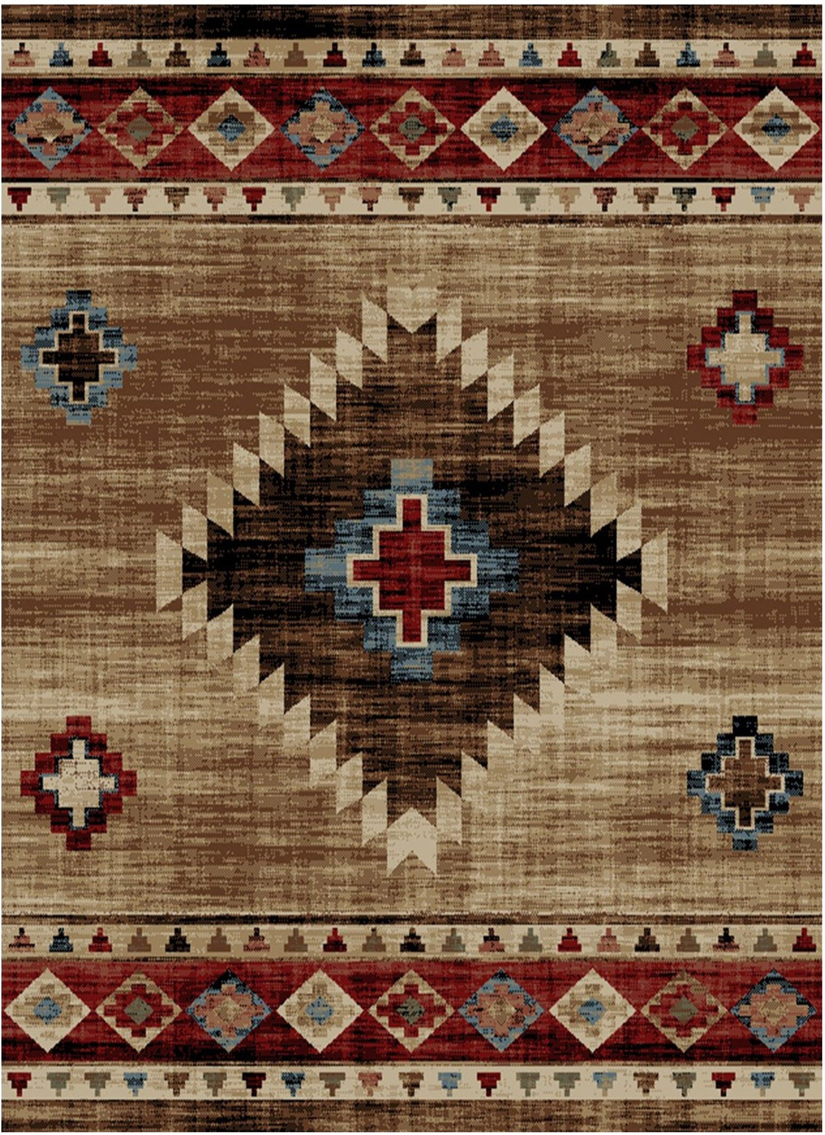 Southwestern Mission rug with geometric patterns and earthy tones.