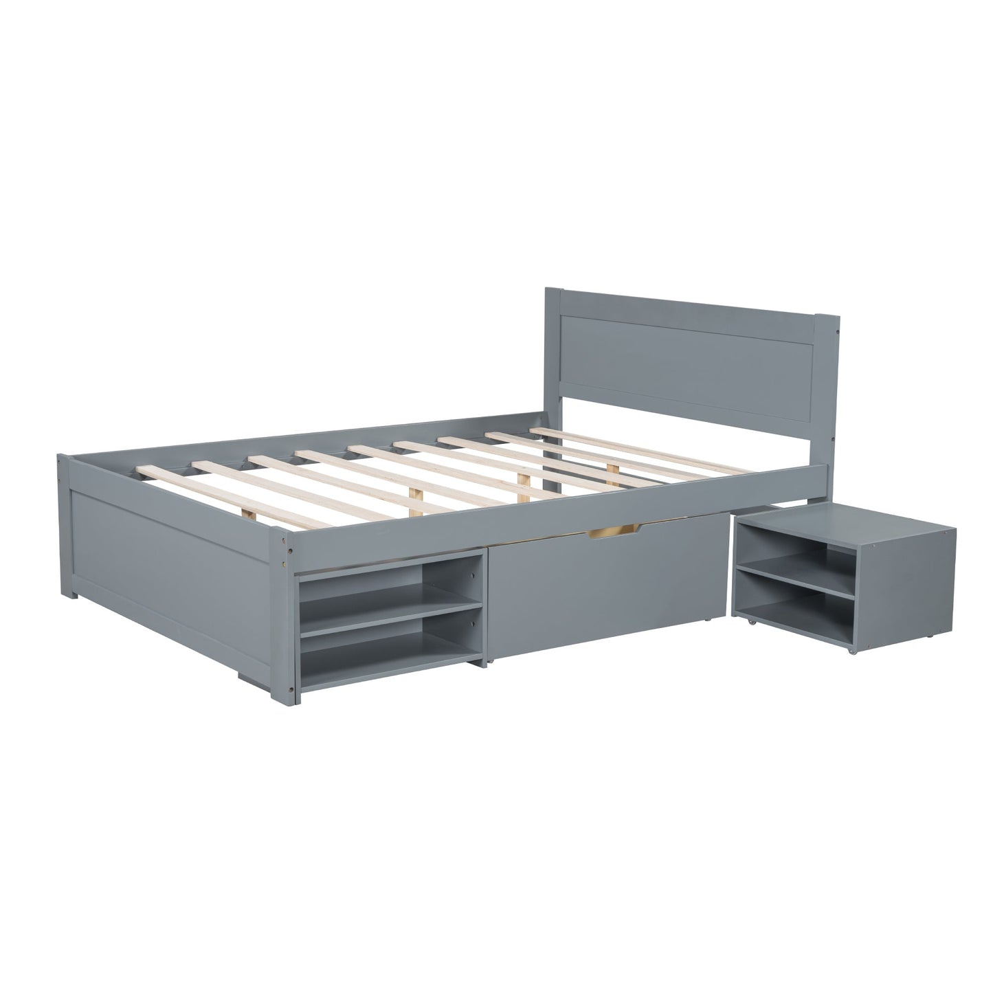 Full Size Platform Bed With Drawer And Two Shelves, Gray