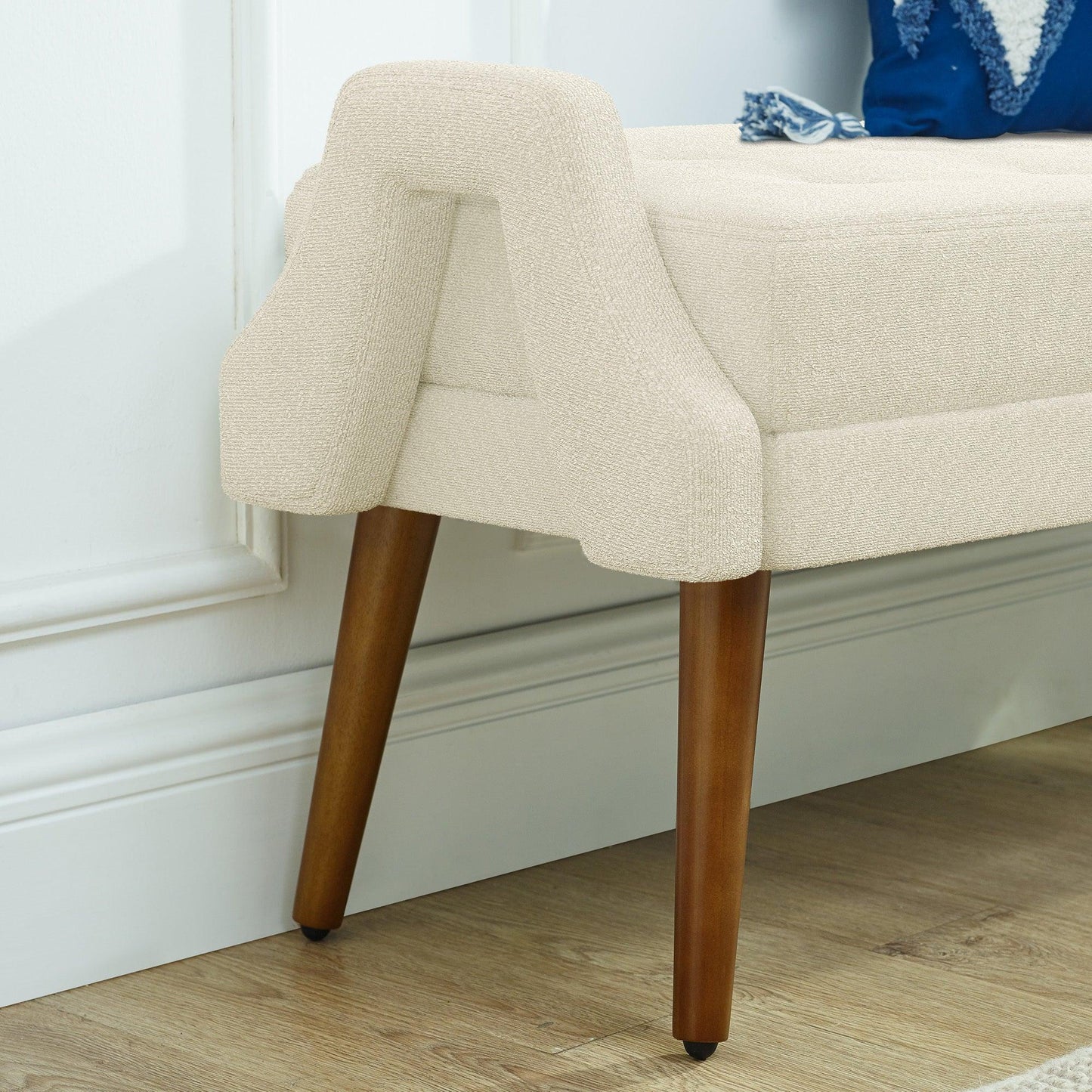 Contemporary Beige Yarn Fabric Bench with Soft Cushion and Unique Geometric Armrests