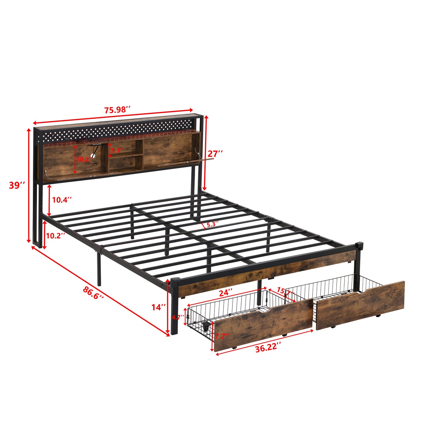 King Size Metal Platform Bed Frame with USB Charging Station