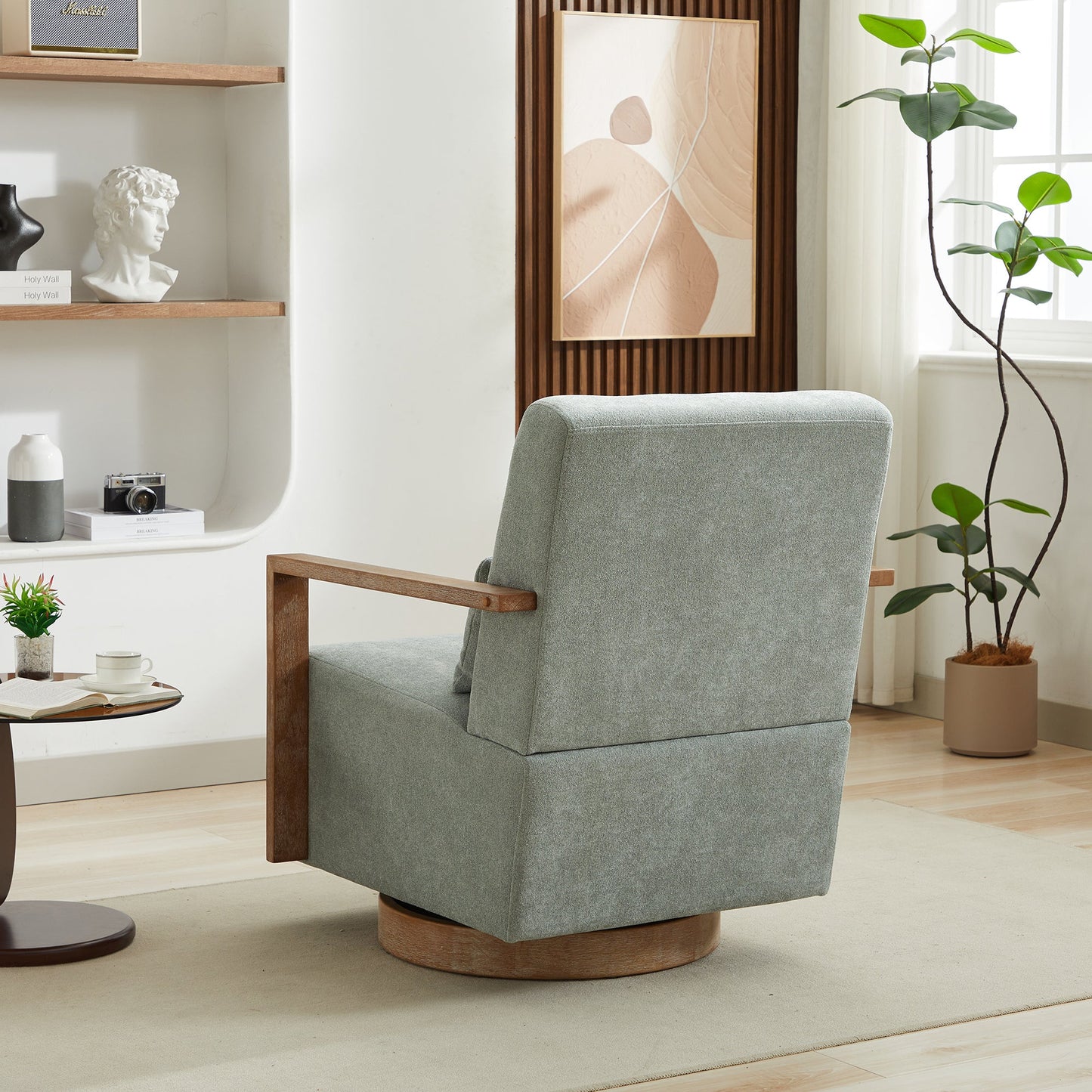 Contemporary Swivel Accent Chair with Solid Wood Armrests and Linen Blend Upholstery