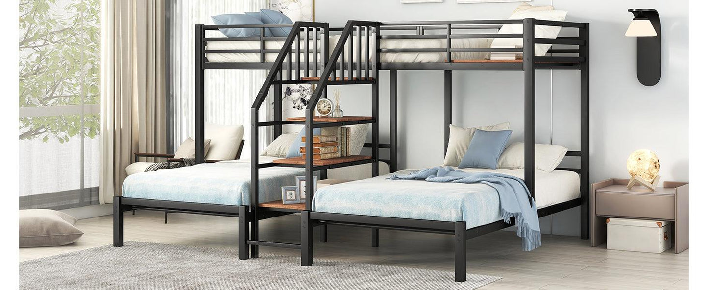 Metal Twin Over Twin & Twin Bunk Bed With Storage Shelves