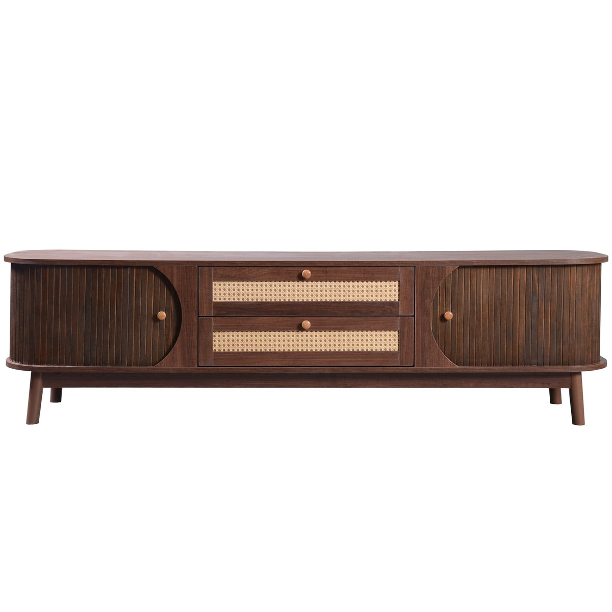 Modern farmhouse rattan TV stand, 60-69 inches wide, accommodates TVs up to 75 inches.