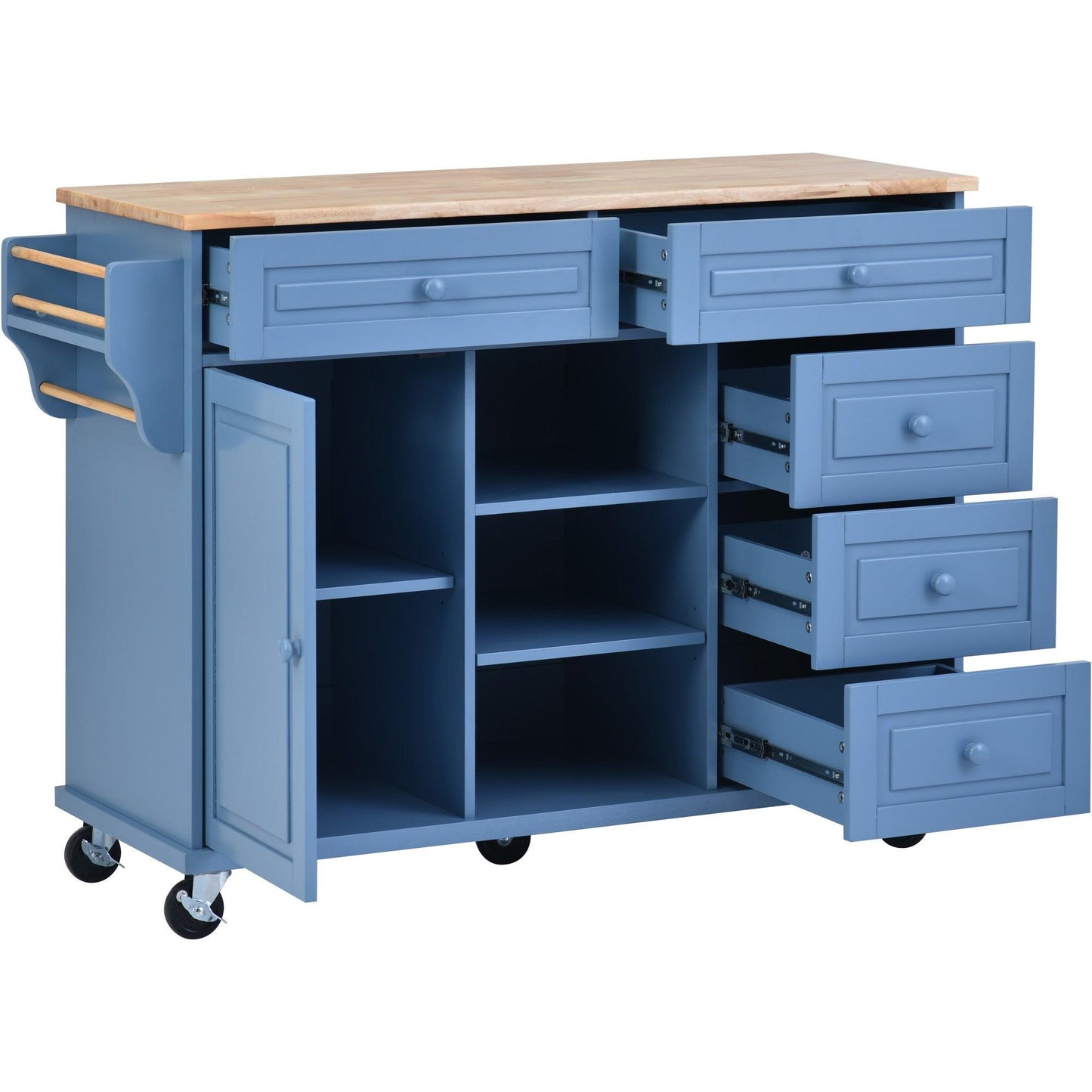 Blue Rolling Kitchen Island Cart with Rubber Wood Top and 5 Drawers for Storage - 53 Inch Length