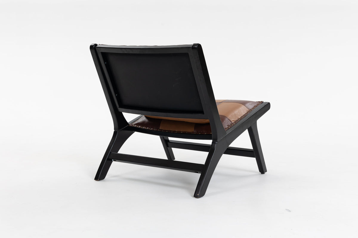 Brown PU leather armchair with modern boho Scandinavian style.