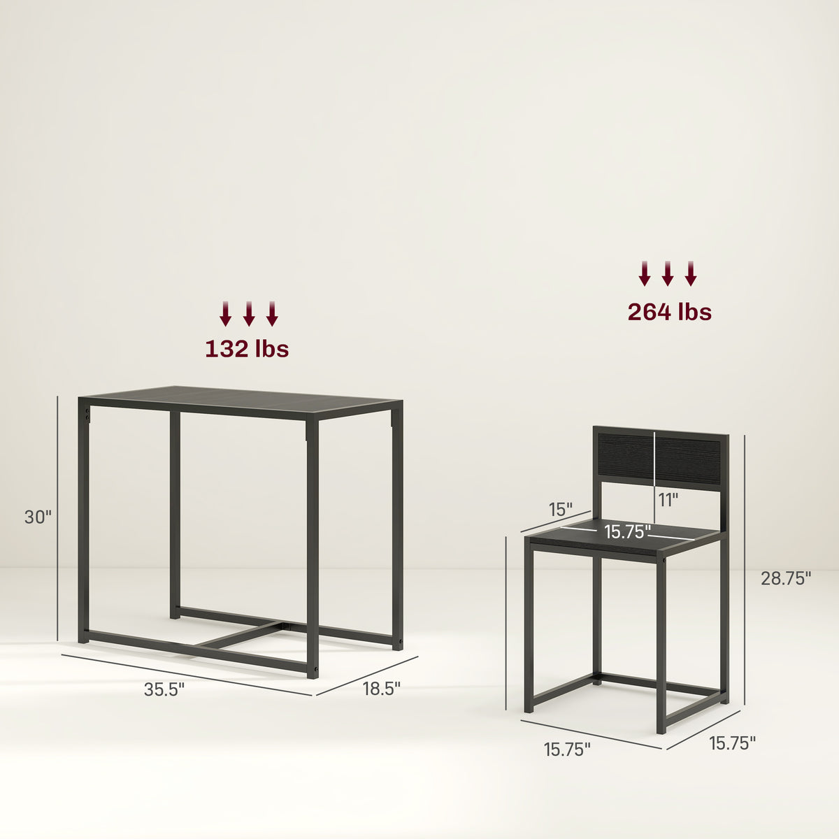 Black industrial dining set with rectangular table and two chairs.