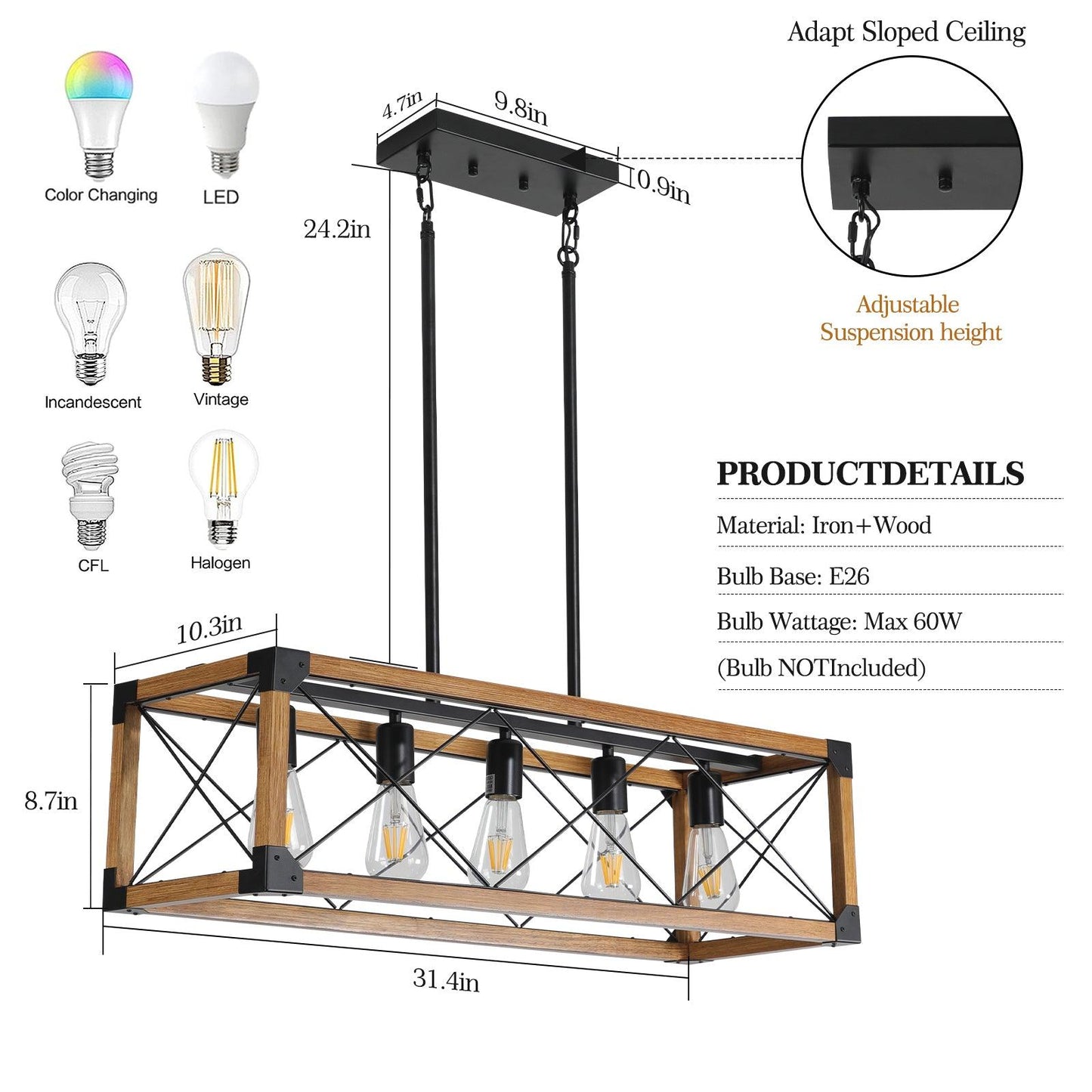 5-Light Rustic Farmhouse Pendant Chandelier for Home Decor (Bulbs Not Included)