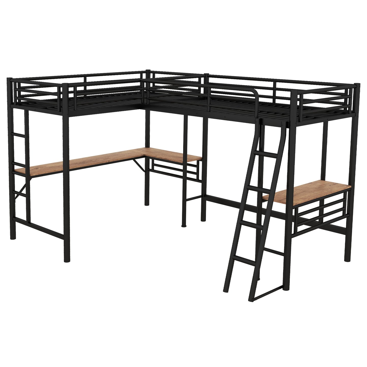 Twin Size Metal Loft Bed With Two Built-in Desks Black