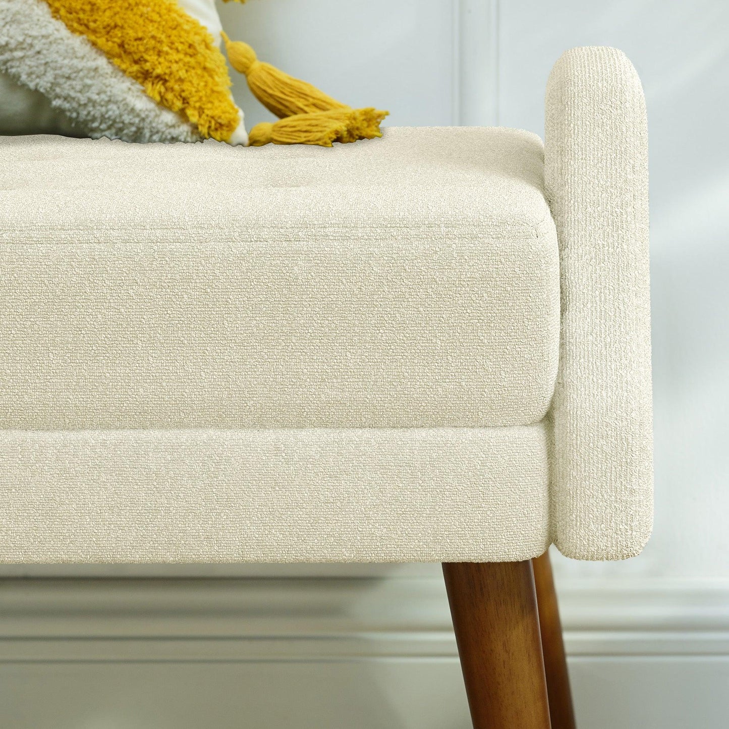 Contemporary Beige Yarn Fabric Bench with Soft Cushion and Unique Geometric Armrests