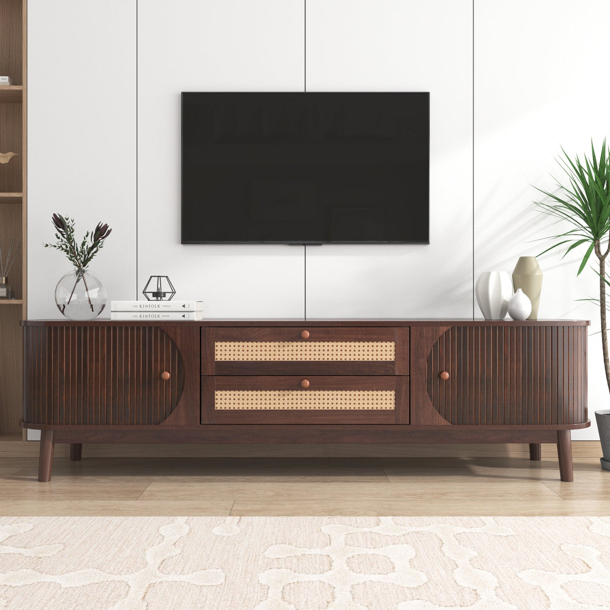 Rattan TV stand in modern farmhouse style, fits 60-69 inch TVs, supports up to 75 inches.