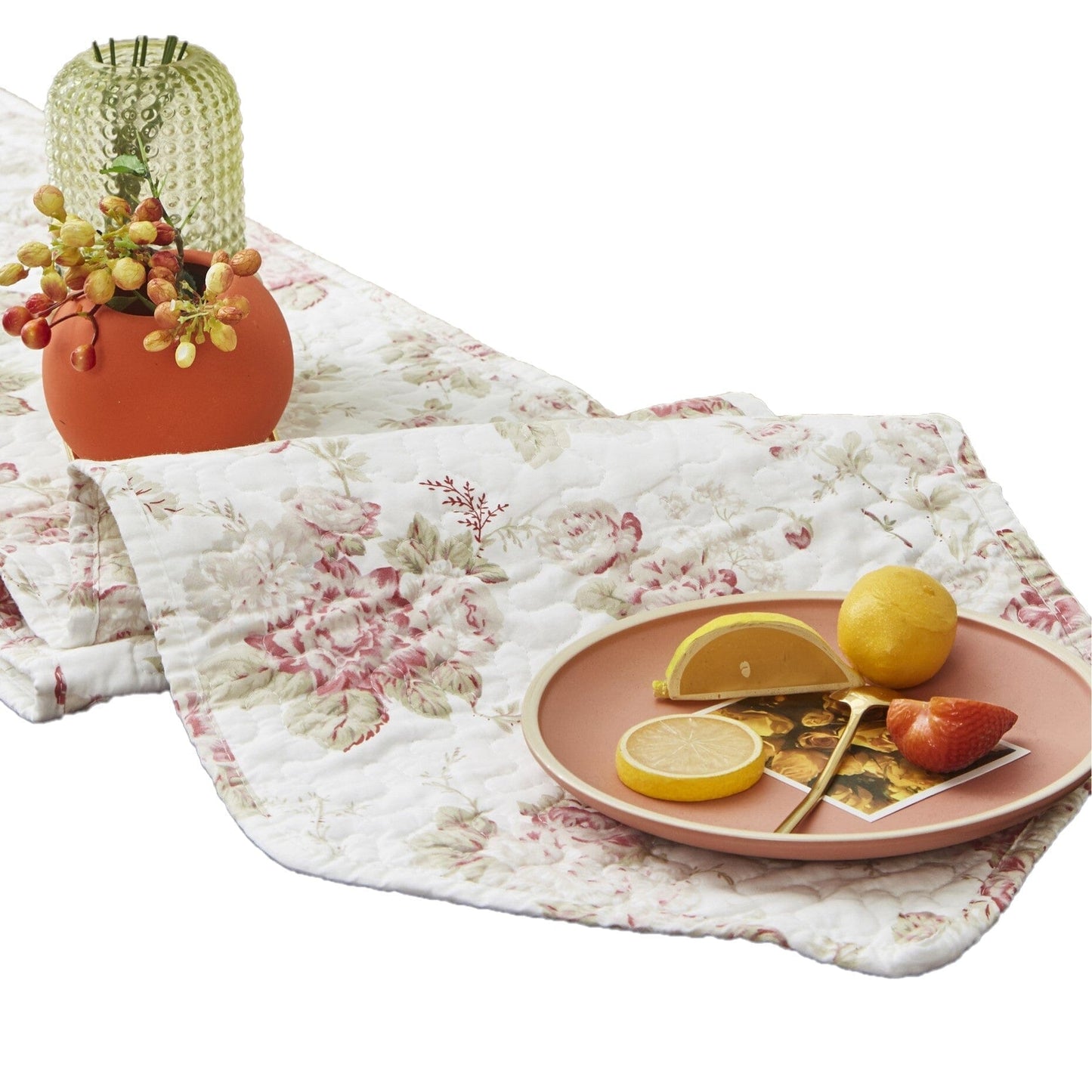 Mint Green Cottage Floral Roses Quilted Cotton Table Runner