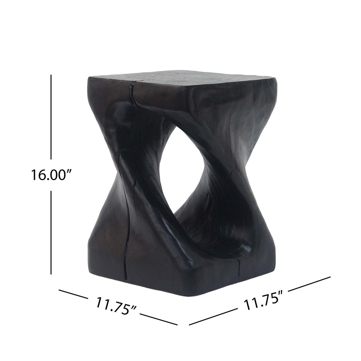 Black MGO side table with twist shape and wood grain texture