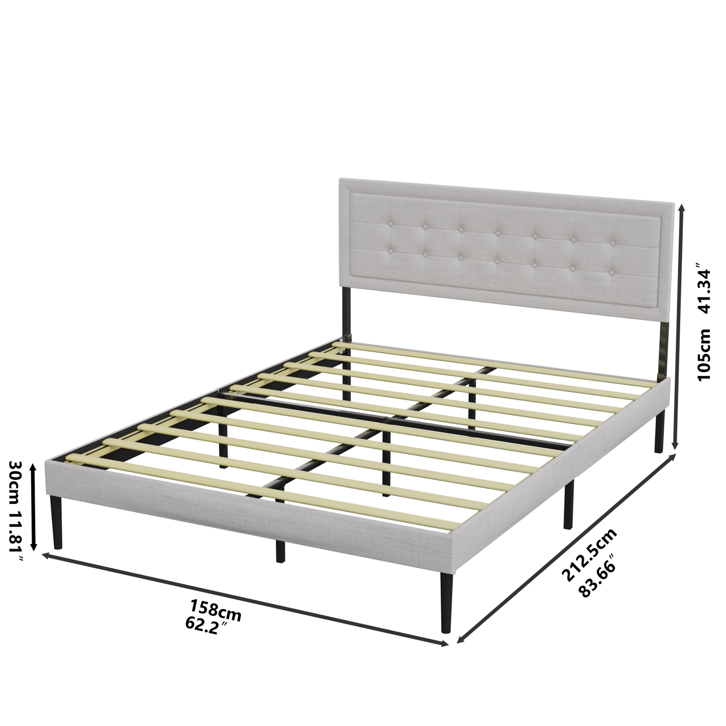 Iron Platform Bed Frame with Wooden slats support & Upholstered  Headboard (Queen Size) - Grey