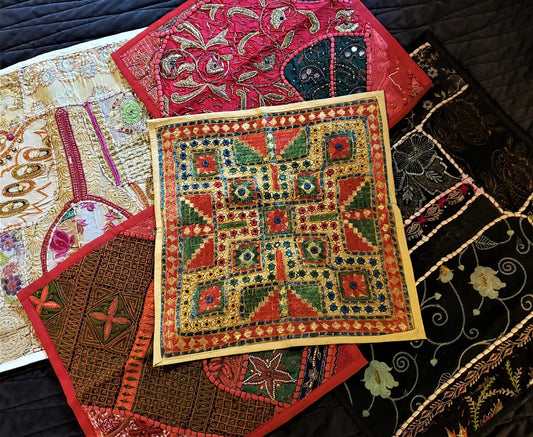 Five Handmade South Asian Pillow Covers Set Embroidered With Beads And Mirrors