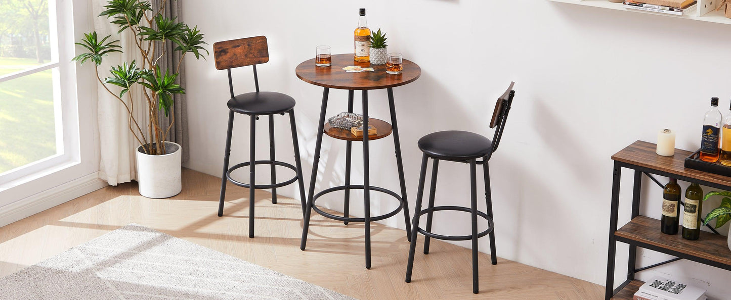 Rustic Brown Upholstered Bar Stool Set with Shelf and Backrest