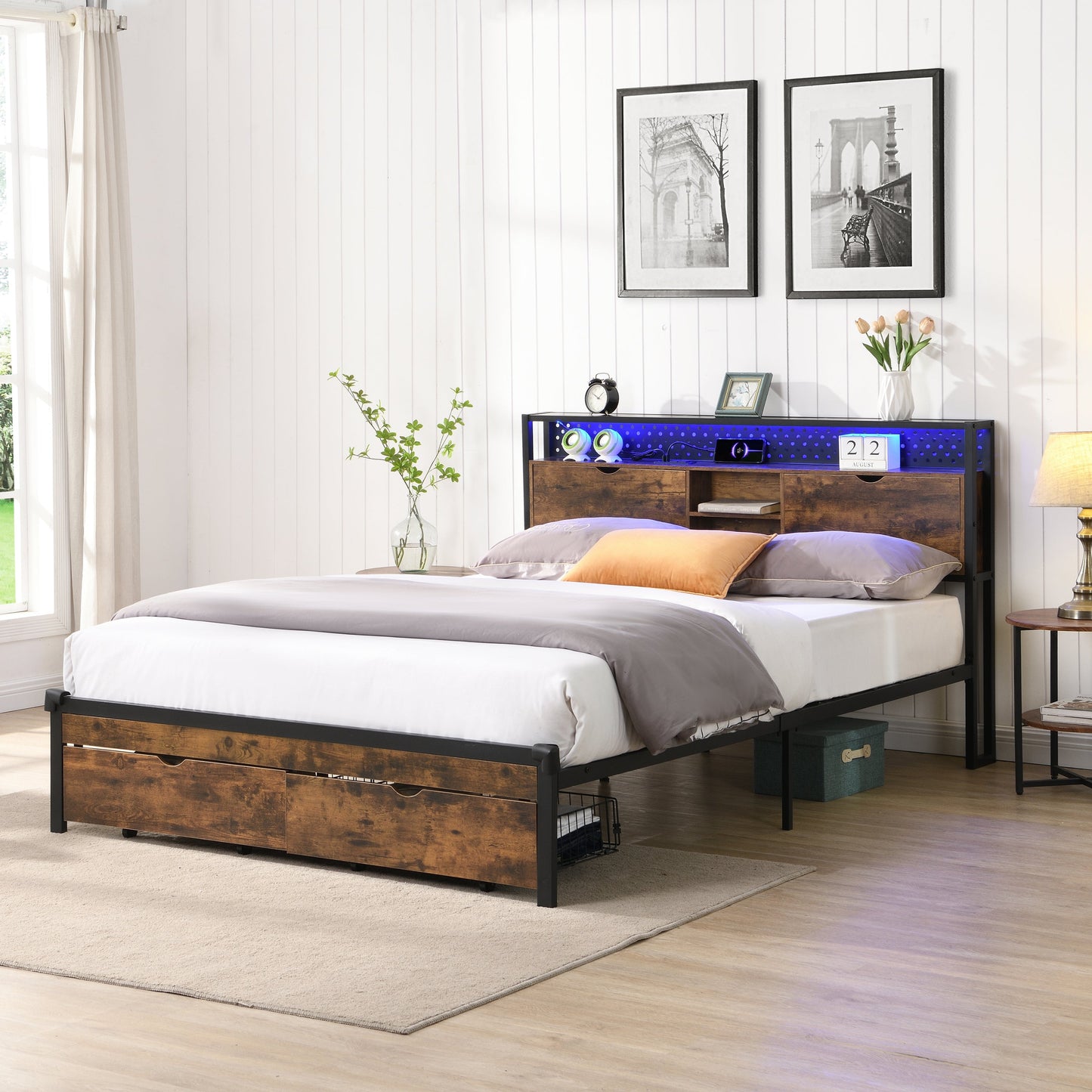 King Size Metal Platform Bed Frame with USB Charging Station