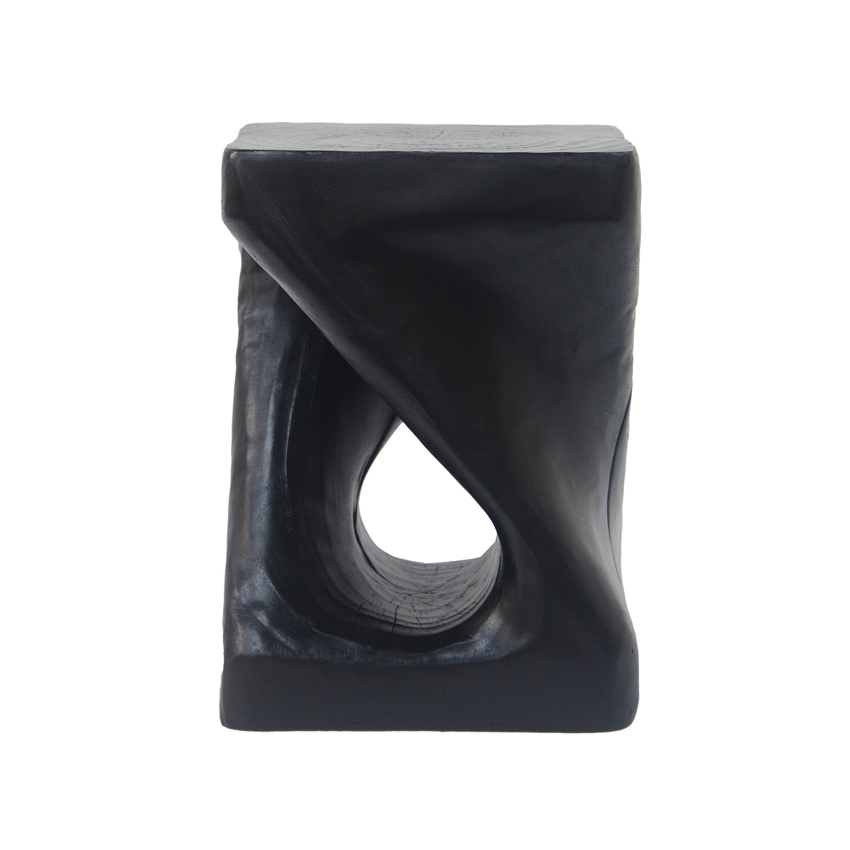 Black MGO side table with twist shape and wood grain texture