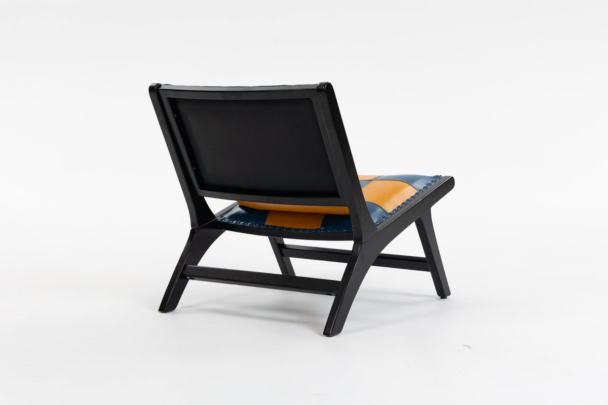 Blue and yellow Scandinavian PU leather accent chair.