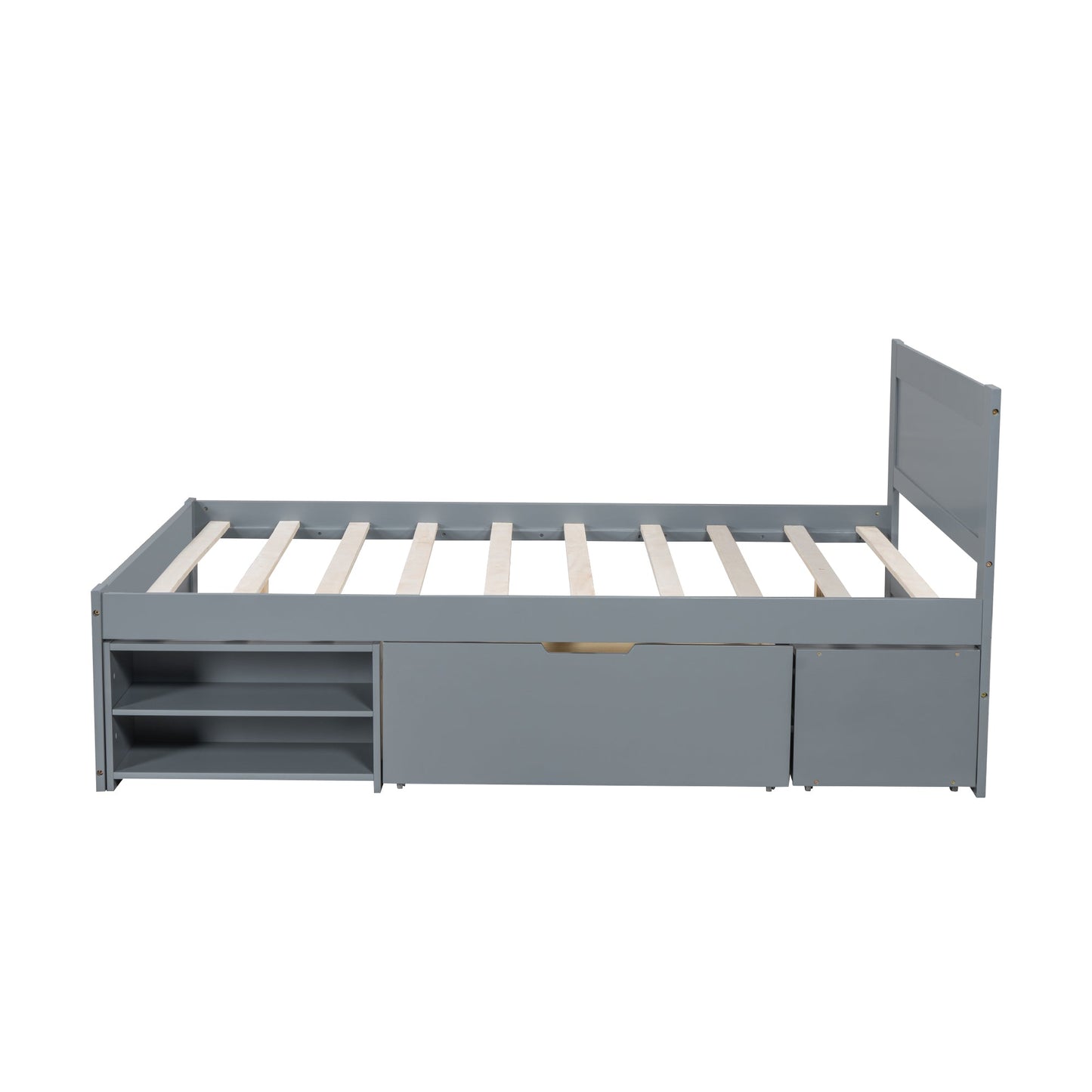 Full Size Platform Bed With Drawer And Two Shelves, Gray