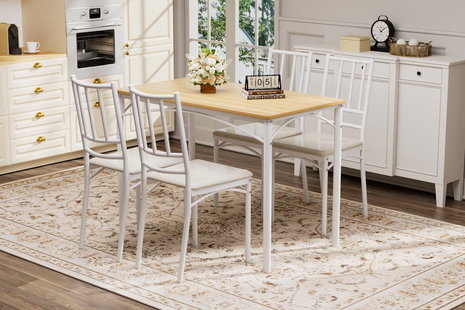 Industrial white bar dining table set with four benches.