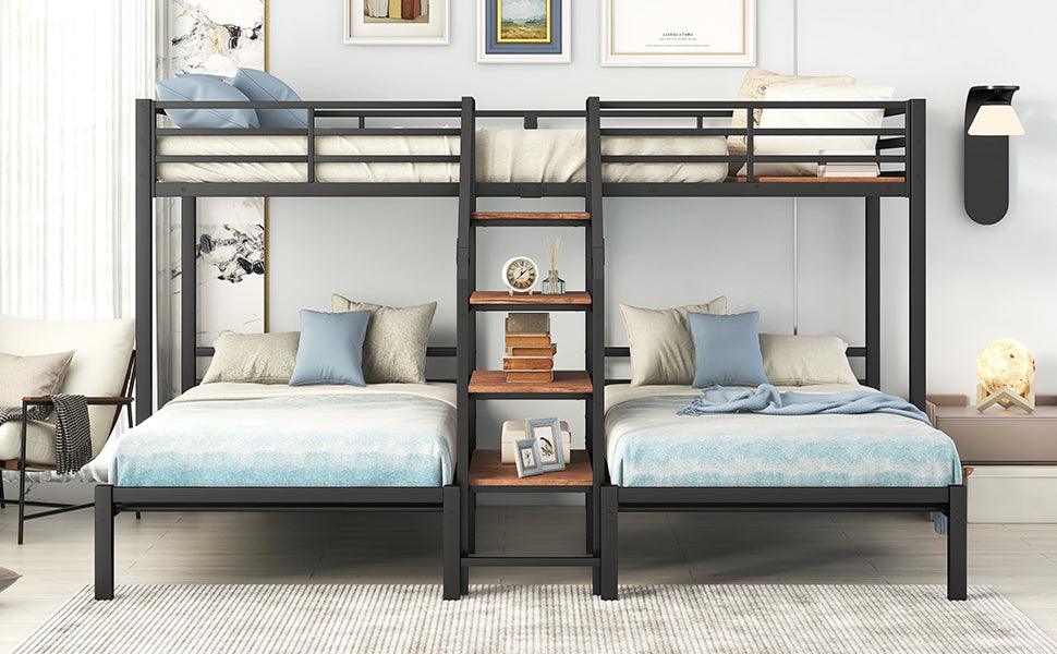 Metal Twin Over Twin & Twin Bunk Bed With Storage Shelves