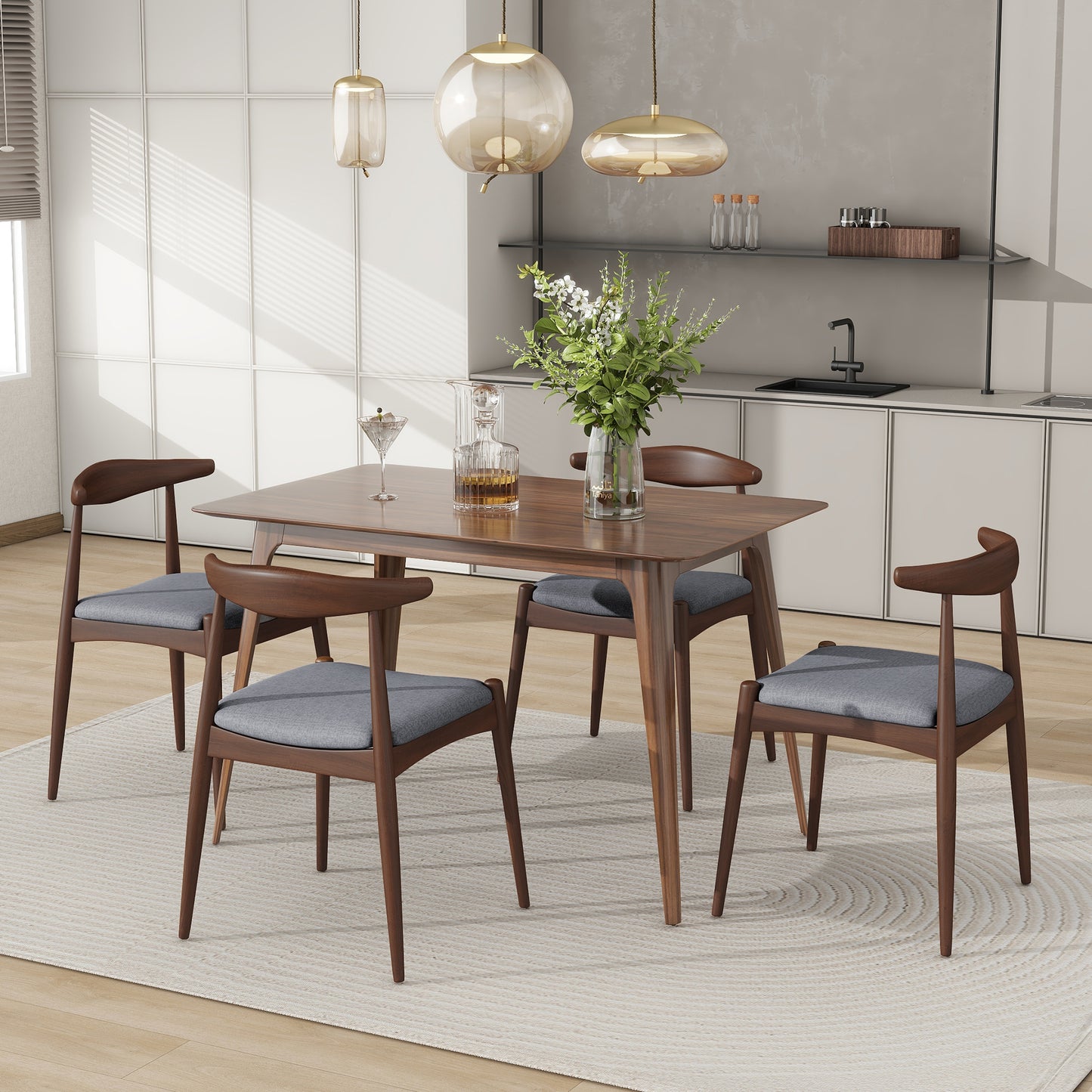 5-piece dining set with rubberwood frame, faux wood walnut tabletop, and light gray chairs.