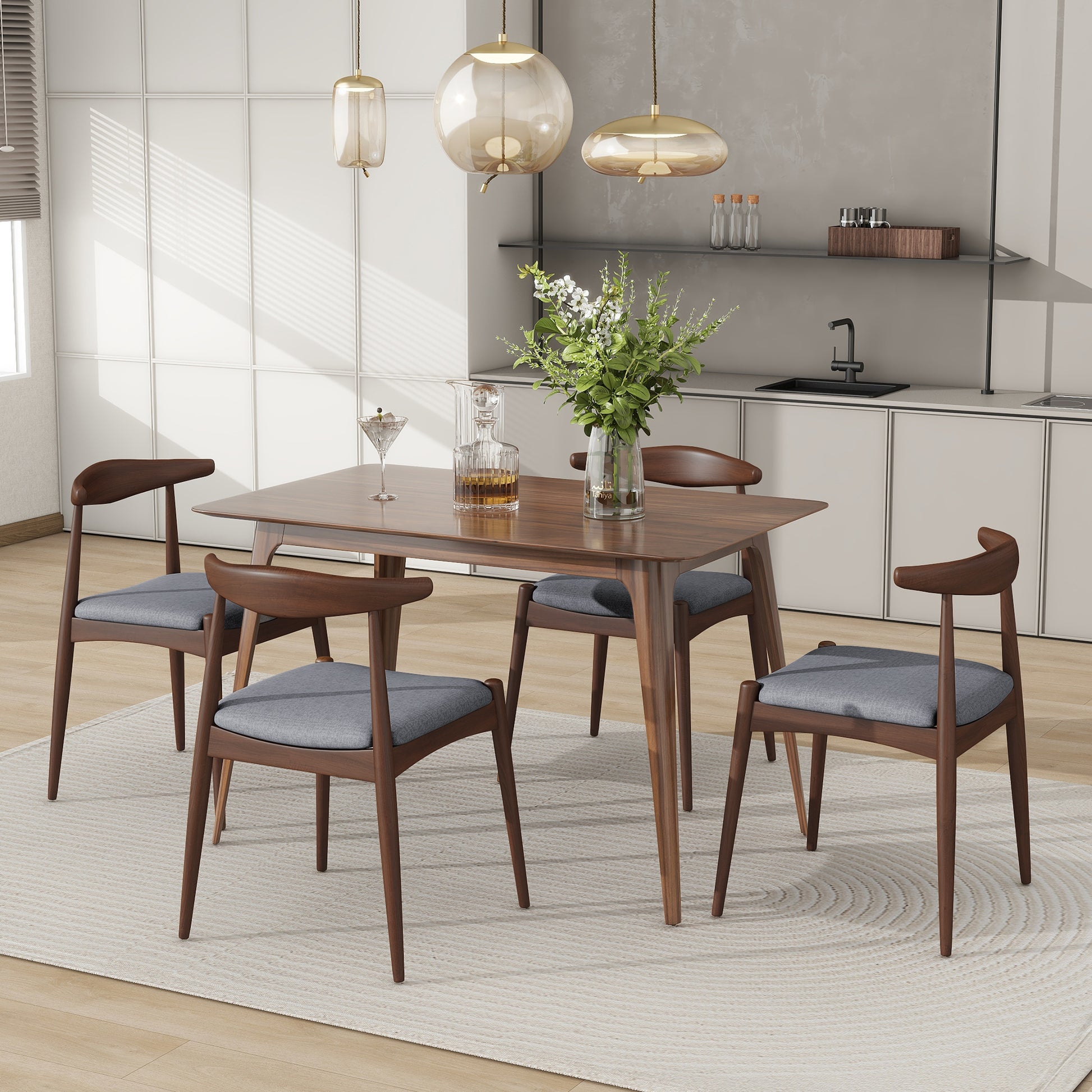 5-piece dining set with rubberwood frame, faux wood walnut tabletop, and light gray chairs.