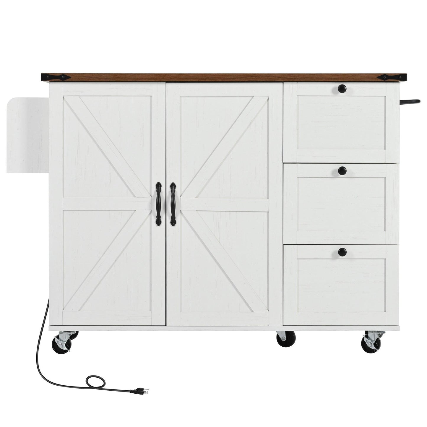 54.5" Rustic Farmhouse Kitchen Island with Power Outlet and Storage, Rolling Cart with Drop Leaf and Spice Rack, White Wood Finish