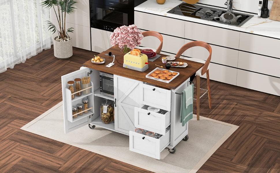 54.5" Rustic Farmhouse Kitchen Island with Power Outlet and Storage, Rolling Cart with Drop Leaf and Spice Rack, White Wood Finish