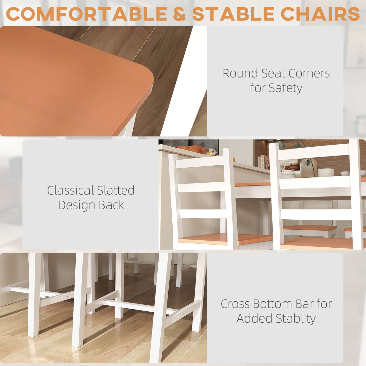 White solid wood dining set for four with modern table and chairs.