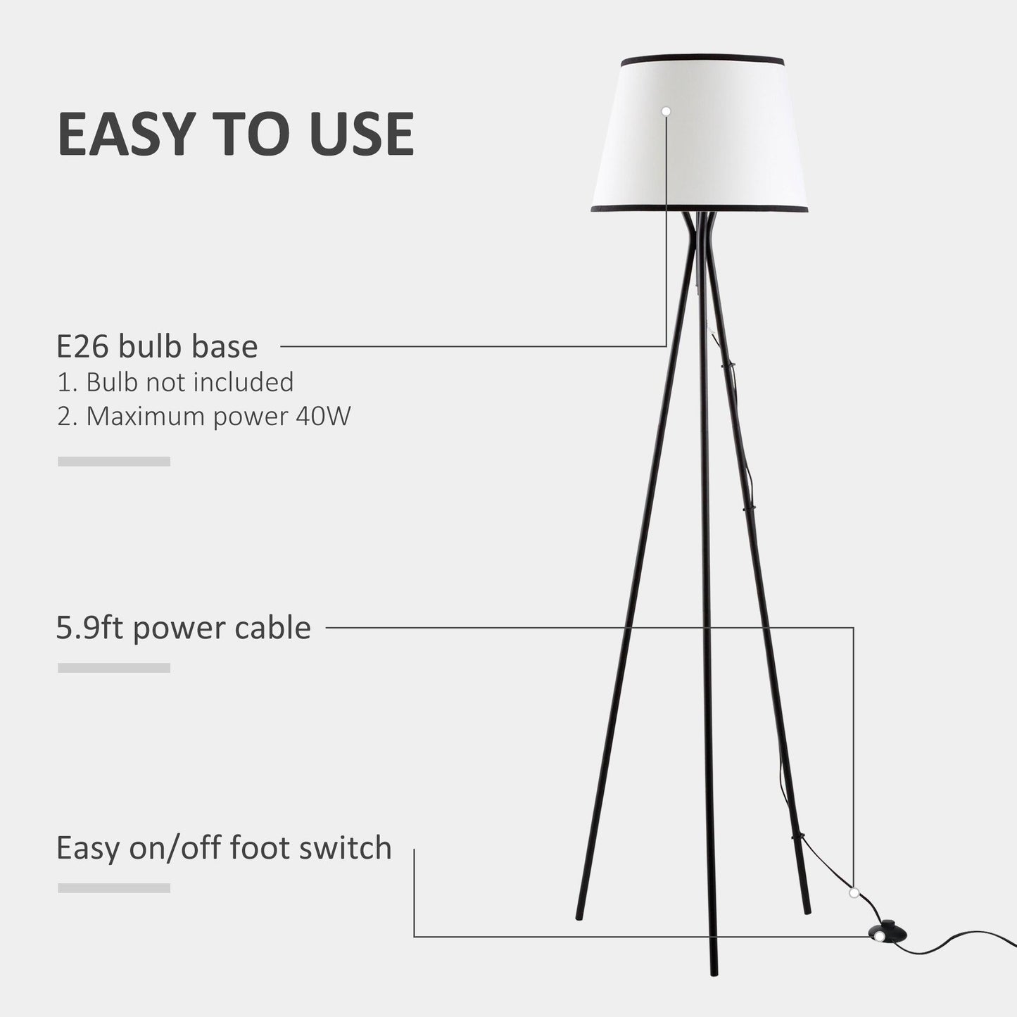 HOMCOM Stylish Black Tripod Floor Lamp with Steel Frame and Footswitch for Living Room, Bedroom, and Office