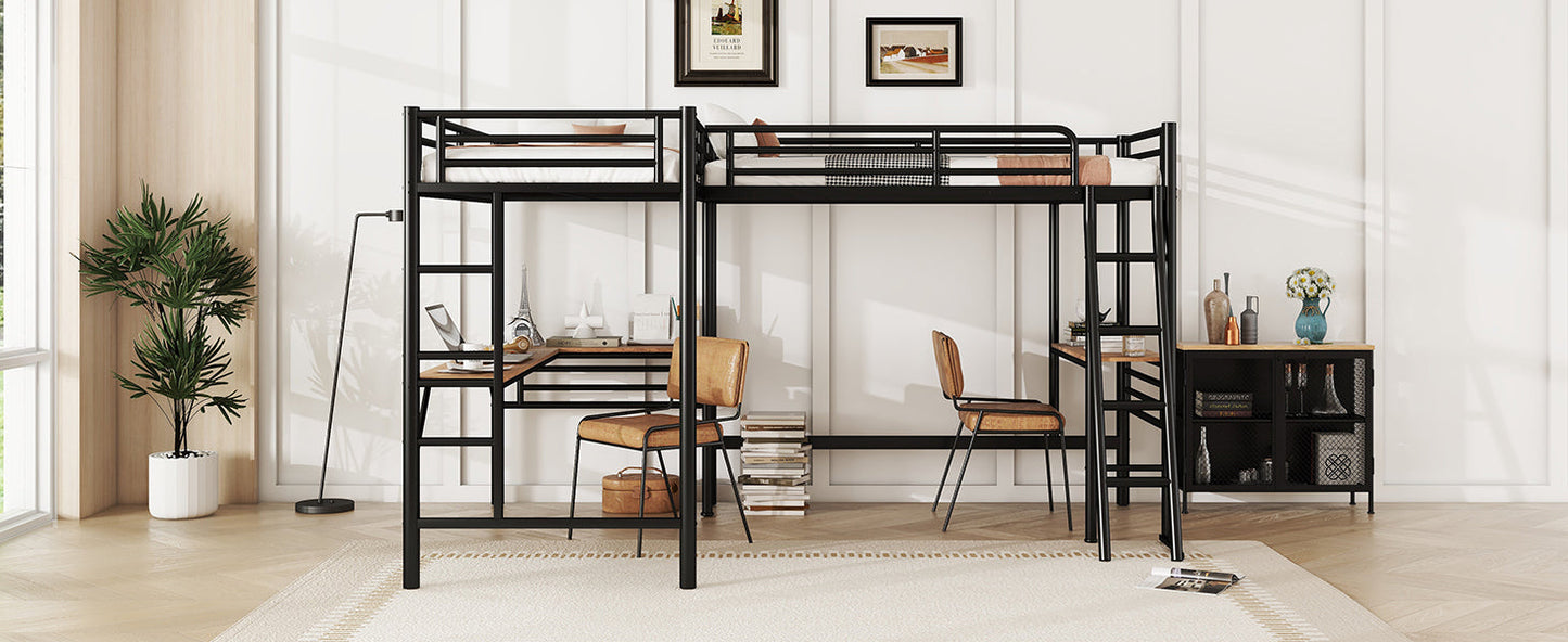 Twin Size Metal Loft Bed With Two Built-in Desks Black