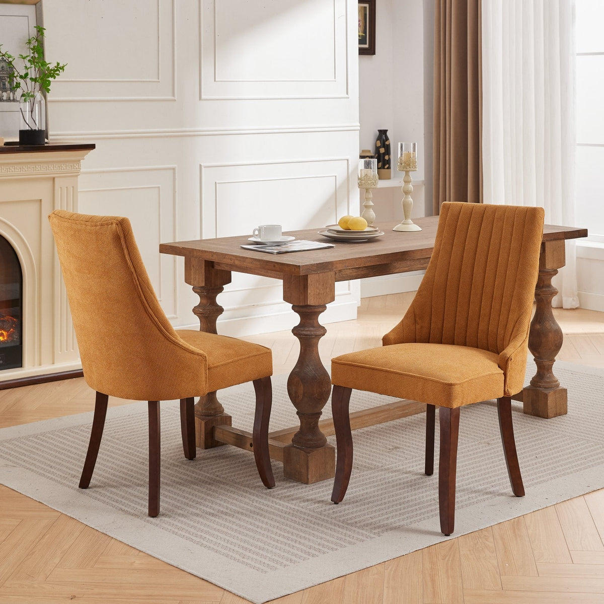 Set of 2 rayon flocking linen dining chairs with high back support.
