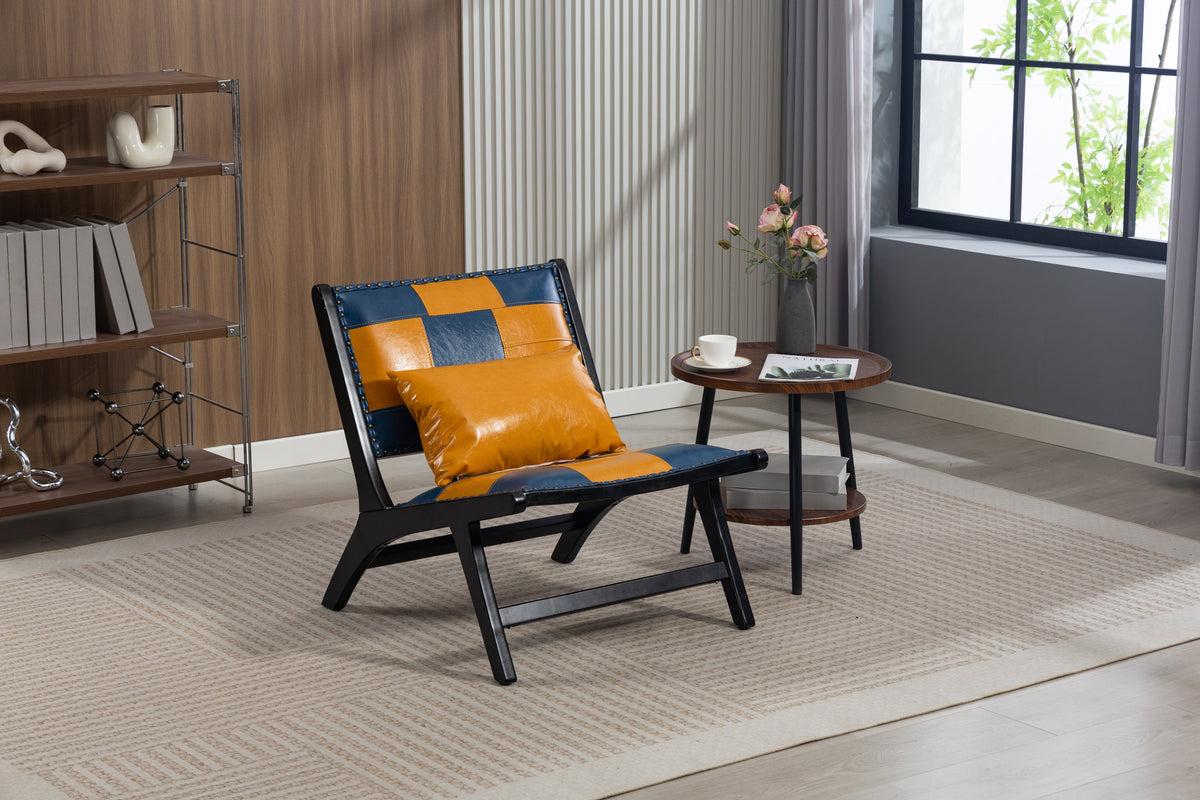 Blue and yellow Scandinavian PU leather accent chair.