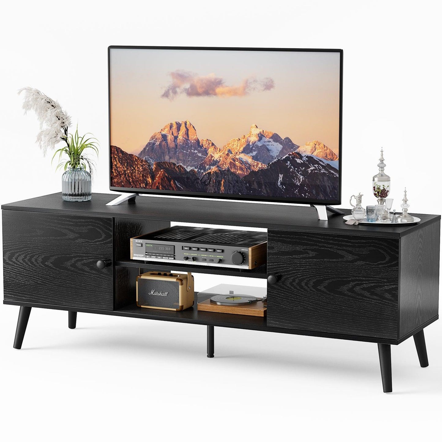 Modern Black TV Media Console for 60" TVs with Adjustable Shelves and Storage Cabinets