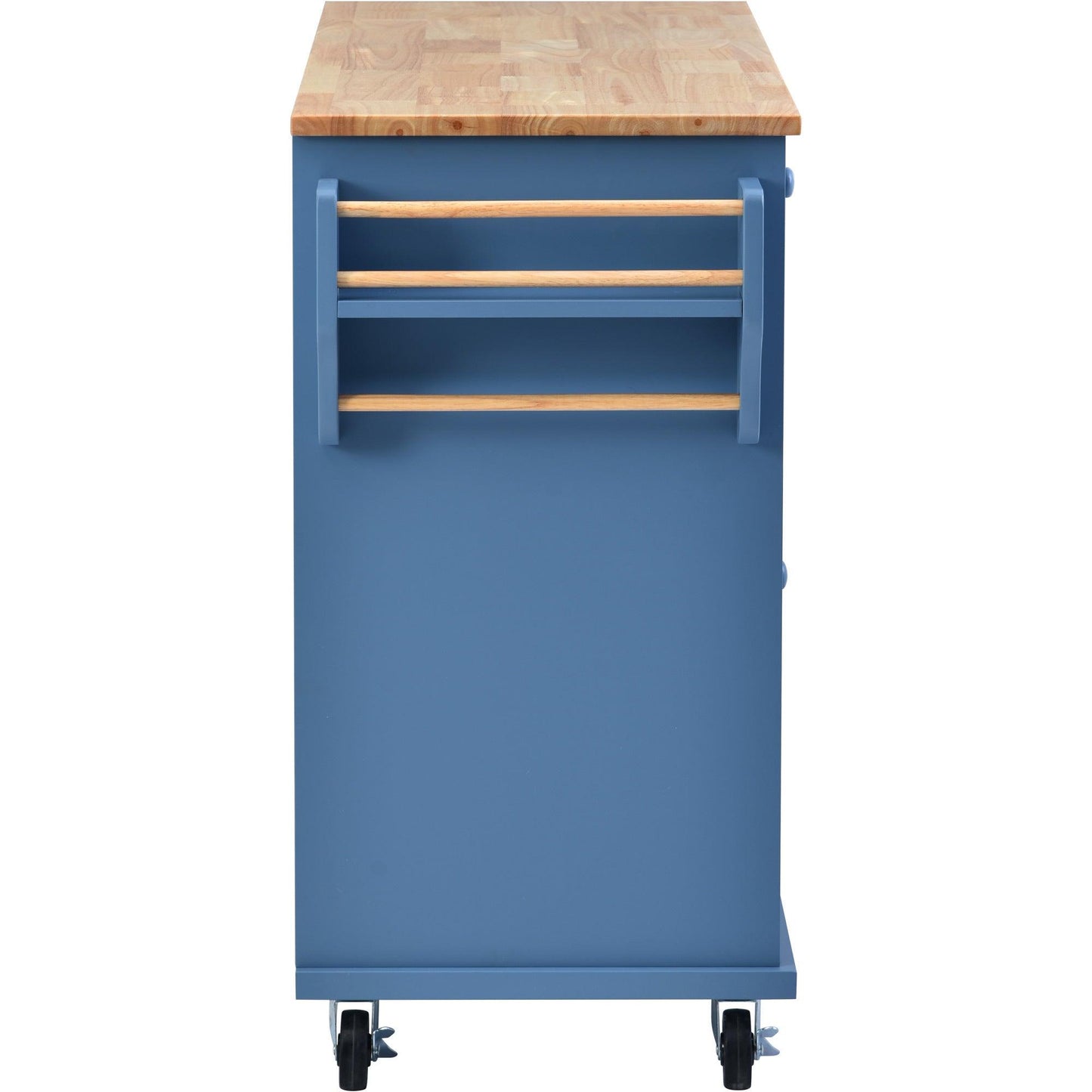 Blue Rolling Kitchen Island Cart with Rubber Wood Top and 5 Drawers for Storage - 53 Inch Length