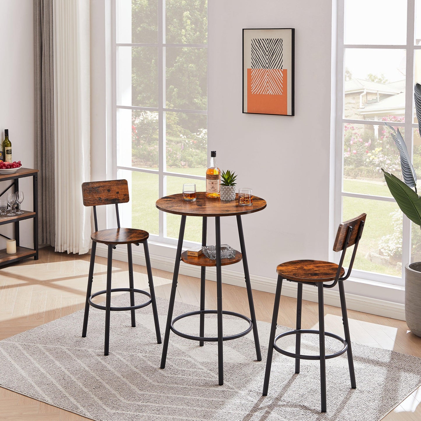 Rustic Brown Round Bar Stool Set with Circular Shelf and Backrest, 23.6'' Dia x 35.4'' H